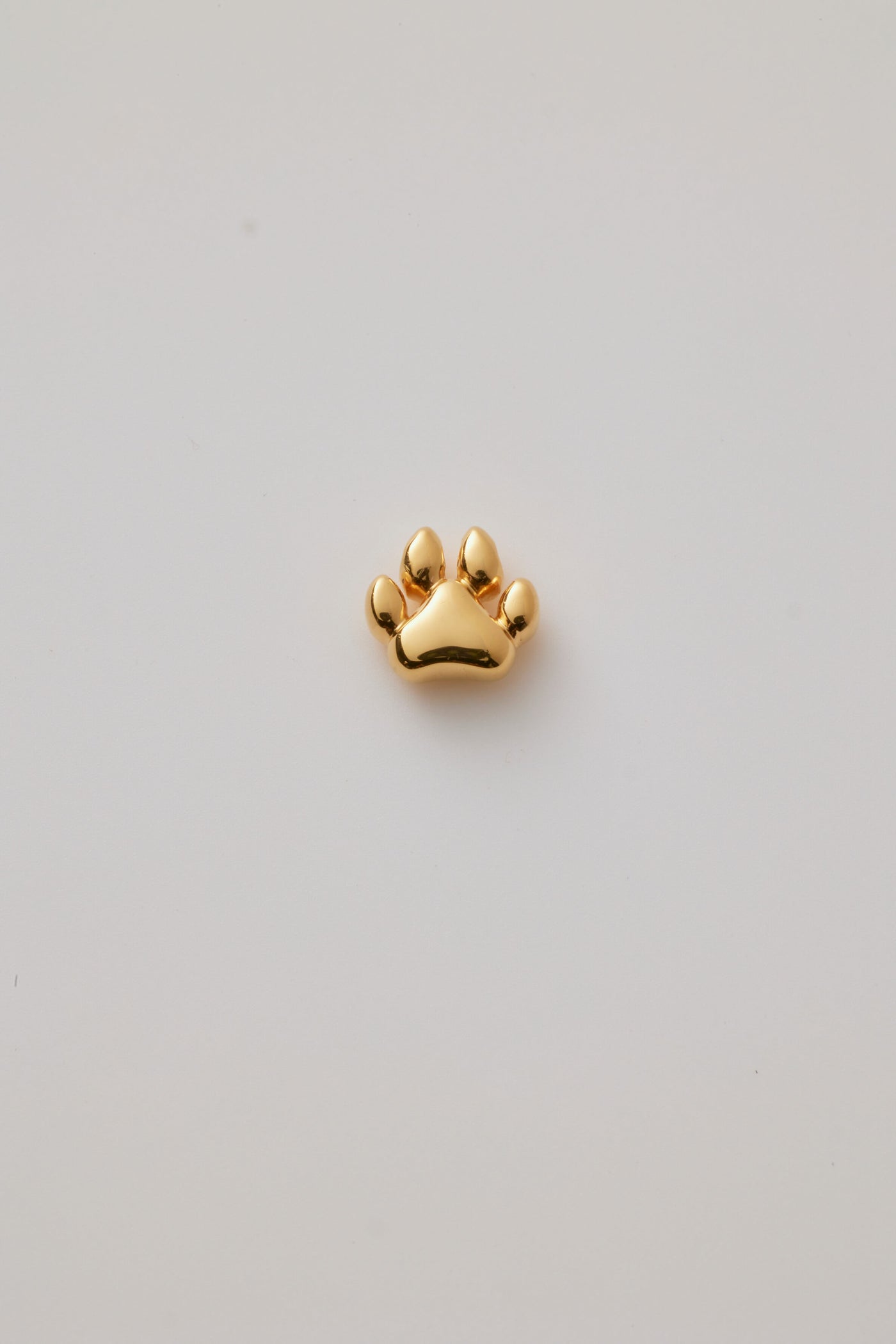 A polished gold dog paw charm with intricate detailing or raised paw pads on a light grey background.