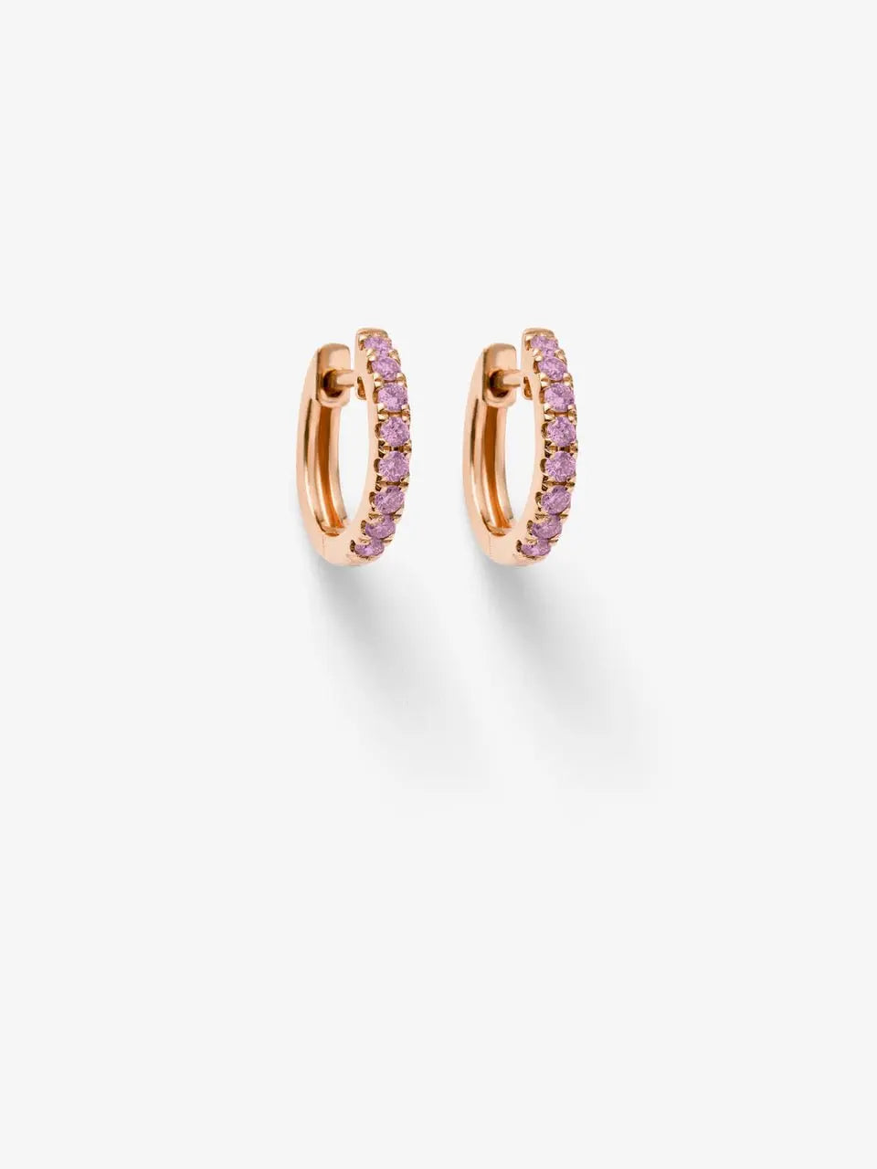 Huggie pink sapphire earrings in 18k solid rose gold, are hinged for easy on and off.