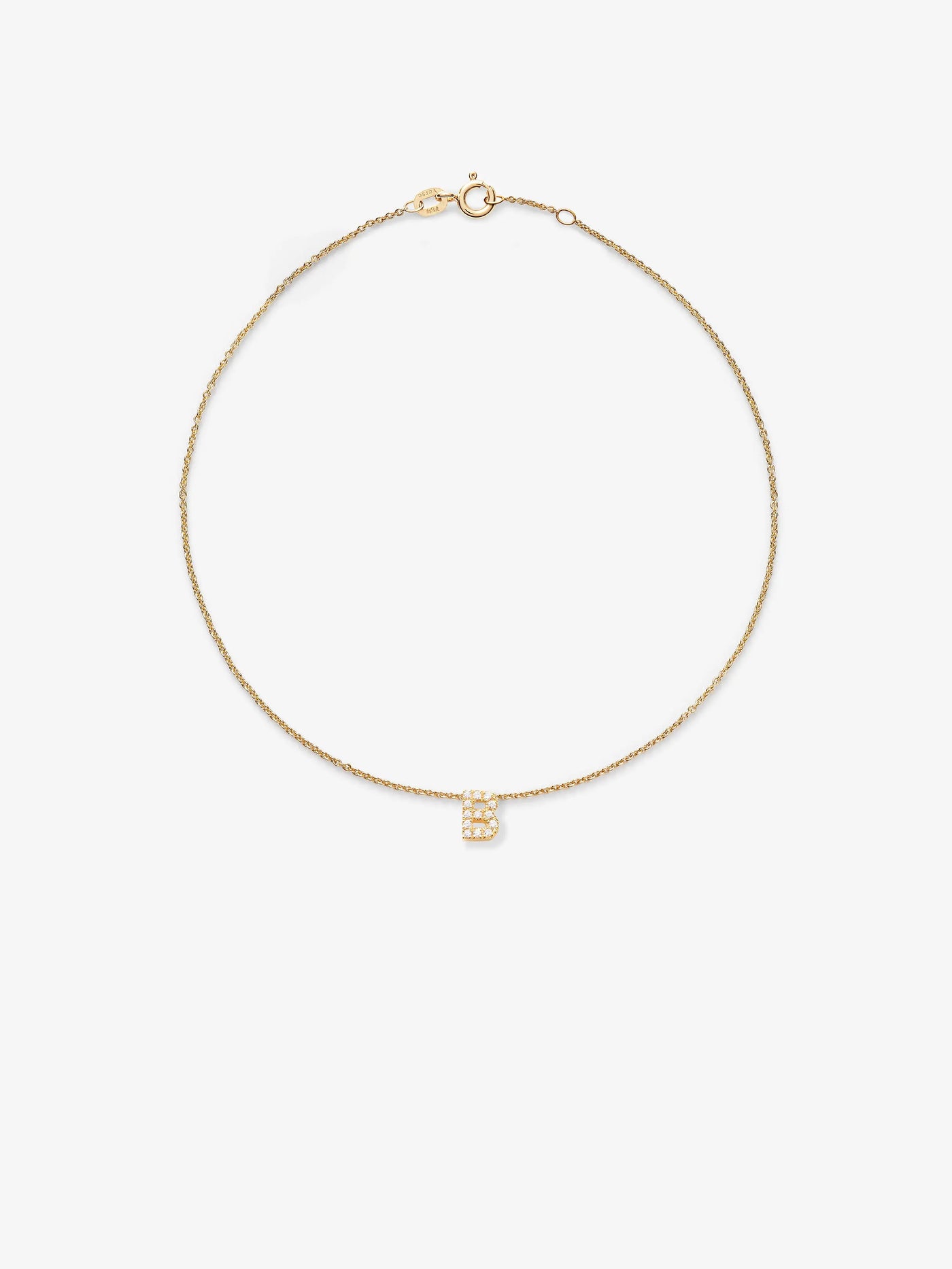 Introducing the exquisite 18k solid gold bracelet with a fine chain and an elegant pendant in the shape of the letter "B." Adorned with small, sparkling diamonds, this piece is displayed on a plain white background. Custom sizes are available to ensure the perfect fit.