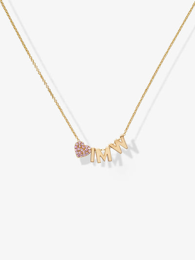 Introducing the "Three Letters and Pink Sapphire Heart Necklace in 18k Gold": This elegant gold necklace features customizable charms—a small pink sapphire heart and the letters "M," "I," and "N." Arranged to spell "MIN" with the heart preceding them, these charms dangle from a delicate and stylish 18k solid gold chain.