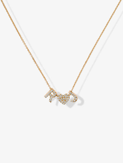 The Two Letters and Heart Necklace in Diamonds and 18k Gold showcases a delicate 18k solid gold chain adorned with three charm pendants: the letters "R" and "C" embellished with small, shimmering diamonds, and a central heart charm adorned with matching diamonds. This elegant piece boasts a minimalist chain without other decorations.