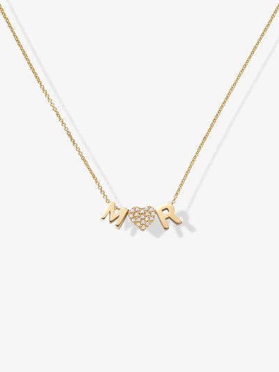 Introducing the Two Letters and Diamond Heart Necklace in 18k Gold: a delicate, solid gold piece that beautifully features the letters "M" and "R" alongside a heart-shaped charm embellished with small, sparkling diamonds nestled between them. Its thin and elegant chain flawlessly complements the minimalist design.