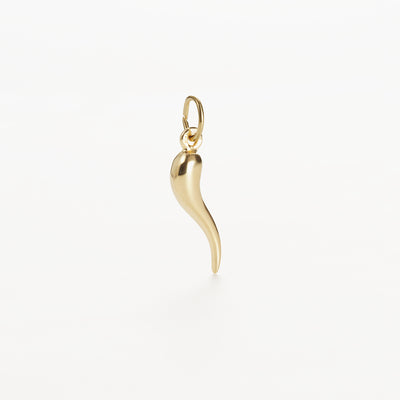 Introducing the Large Horn of Plenty Charm in 9k Gold, a beautifully crafted piece shaped like a curved horn of plenty. This exquisite charm measures 21 mm x 6 mm and features a smooth surface with a small loop at the top for easy attachment to your favorite chain or bracelet, presented against a plain white background.