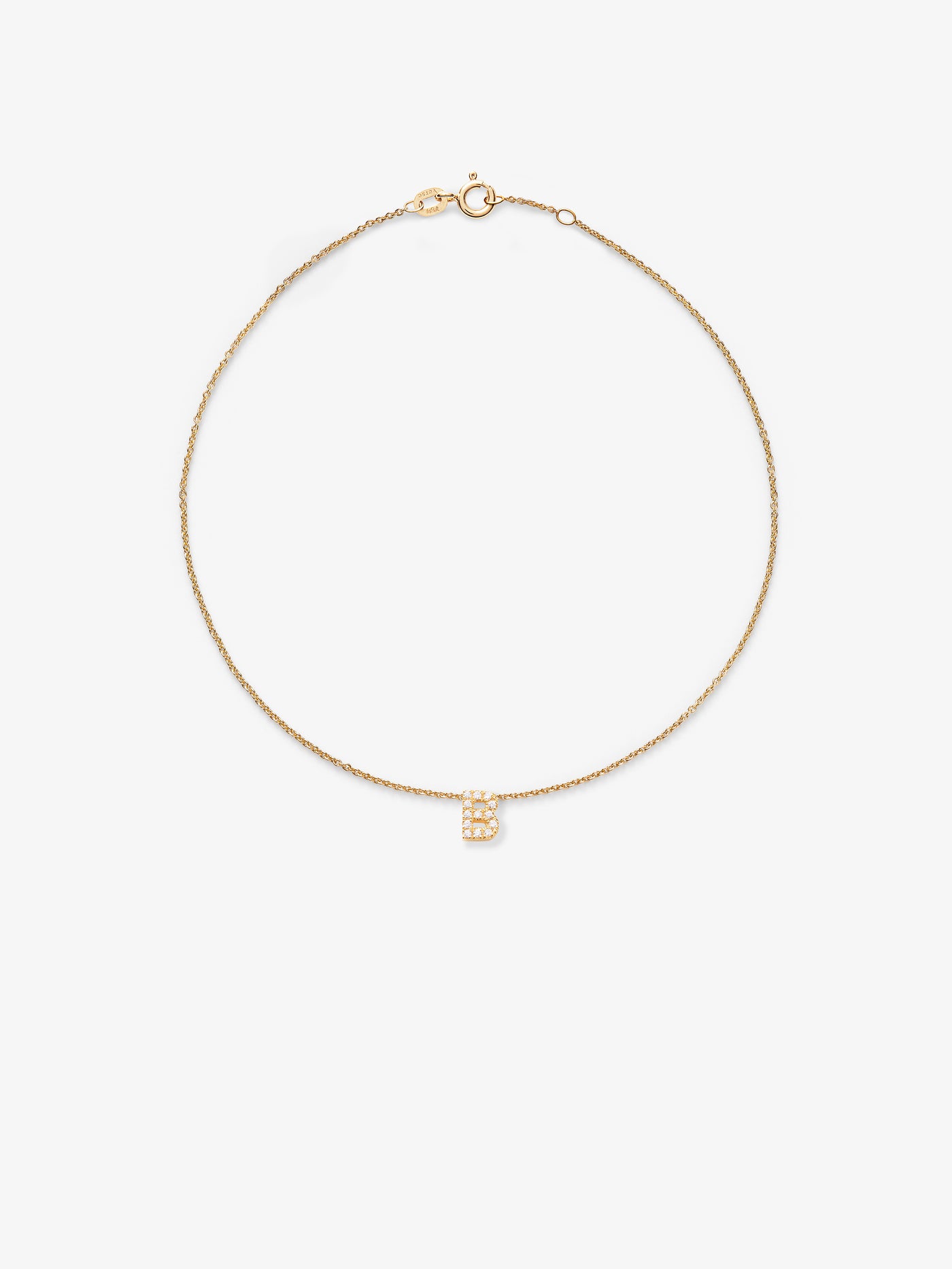 Introducing the exquisite 18k solid gold bracelet with a fine chain and an elegant pendant in the shape of the letter "B." Adorned with small, sparkling diamonds, this piece is displayed on a plain white background. Custom sizes are available to ensure the perfect fit.