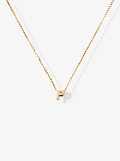 Introducing the Letter P Necklace in 18k Gold—a delicate chain adorned with a small, solid gold letter "P" pendant, beautifully presented against a plain white background.