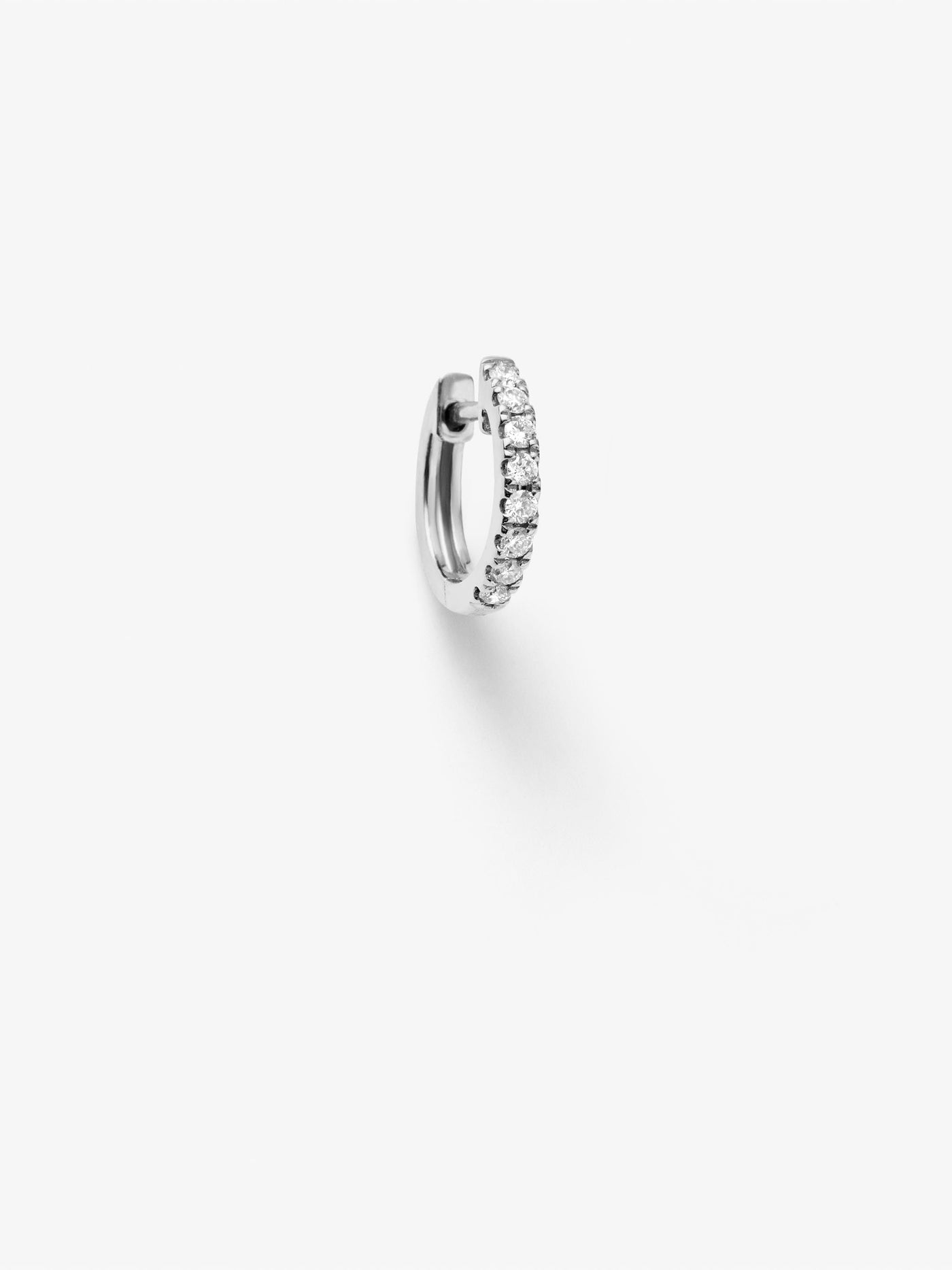 Huggie diamond earrings in 18k solid white gold, are hinged for easy on and off