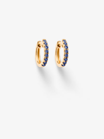 Huggie blue sapphire earrings in 18k solid yellow gold, are hinged for easy on and off